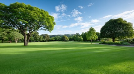 Morning light illuminates a lush green grass field surrounded by trees under a vibrant blue sky, perfect for summer outings