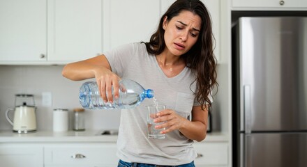 Exhausted woman pouring water into a glass in her kitchen for refreshment.