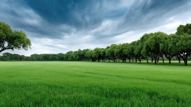 Lush green grass field surrounded by trees under a bright blue sky during morning sunlight, ideal for outdoor activities and relaxation