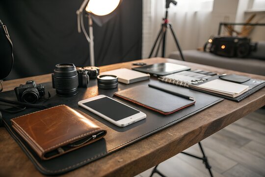 Photographer's workspace: DSLR camera, tablet, notebooks, and leather accessories on a wooden desk.