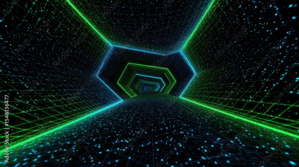 Poster a vibrant tunnel filled with glowing green and blue neon lines extends into the distance, framed by 