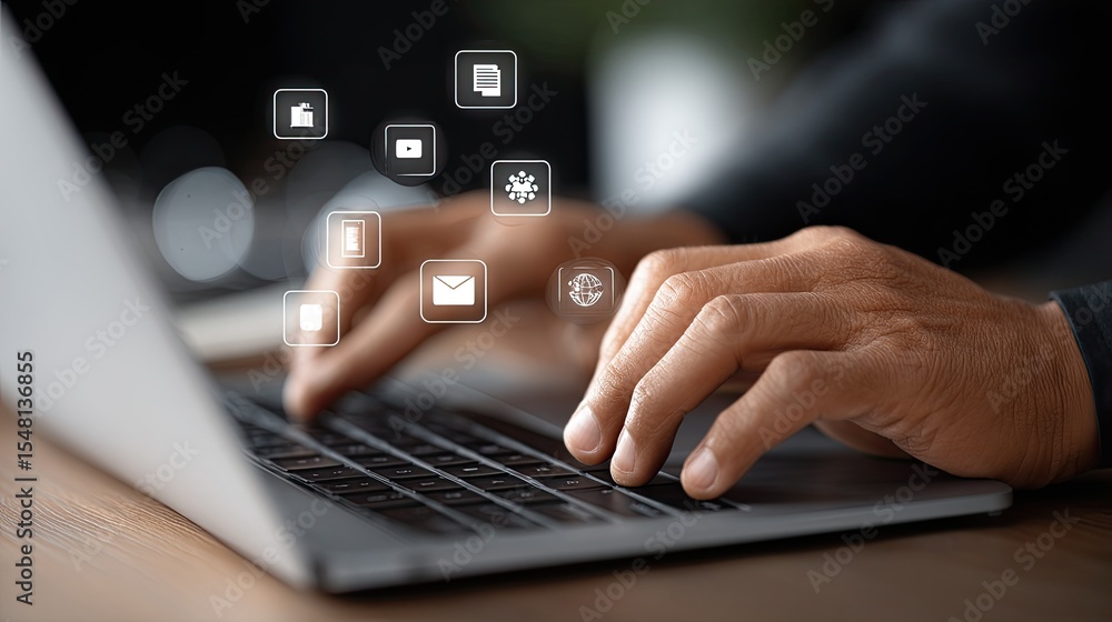 Poster professional working on laptop while engaging with digital marketing and ai technology icons display