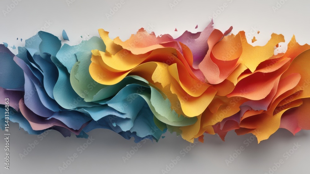 Poster in a creative studio, a stunning array of colorful paper forms twists and turns, creating dynamic wa