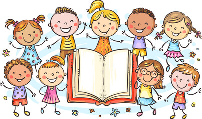 Happy children around open book