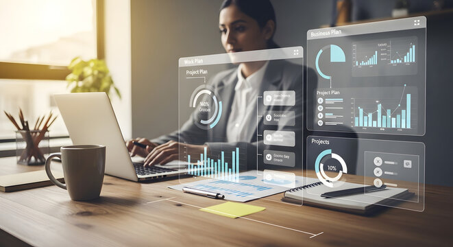 Focused Businesswoman Analyzing Data on Laptop with Holographic Interface