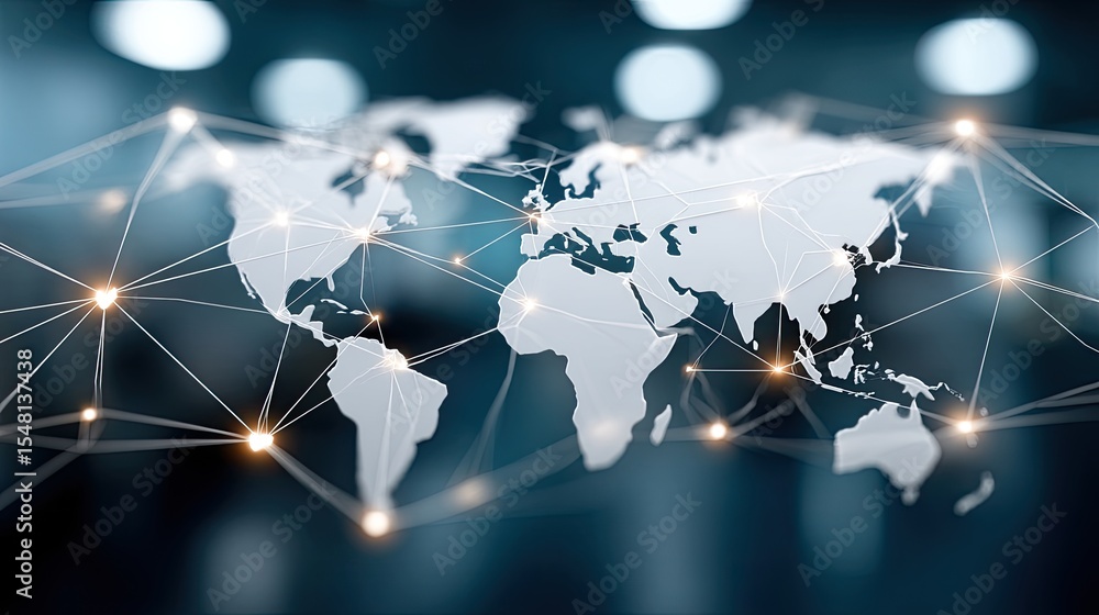 Poster glowing lines and shapes create a global network concept on a blue backdrop with a detailed world ma