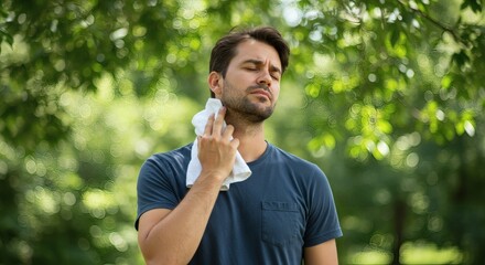 Man wipes sweat, looking exhausted in the heat of a summer day outdoors.