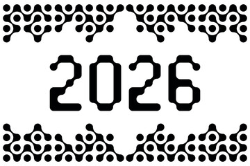 2026 - black pattern of connected dots, metaball. New Year 2026 background with abstract geometric shapes of connected molecules. Modern vector design.