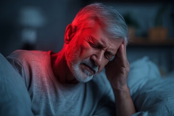 Elderly man with gray hair experiencing headache in dimly lit room.