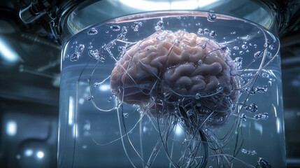 A human brain suspended in thick transparent fluid with wires and cables attached, inside a futuristic bio-tech environment, representing neuroscience, cybernetics, and advanced technology.
