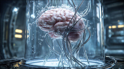 A human brain suspended in thick transparent fluid with wires and cables attached, inside a futuristic bio-tech environment, representing neuroscience, cybernetics, and advanced technology.