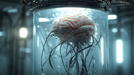 A human brain suspended in thick transparent fluid with wires and cables attached, inside a futuristic bio-tech environment, representing neuroscience, cybernetics, and advanced technology.