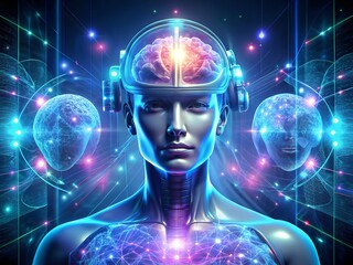 Obraz premium Futuristic cyborg with glowing brain inside transparent helmet, digital network background