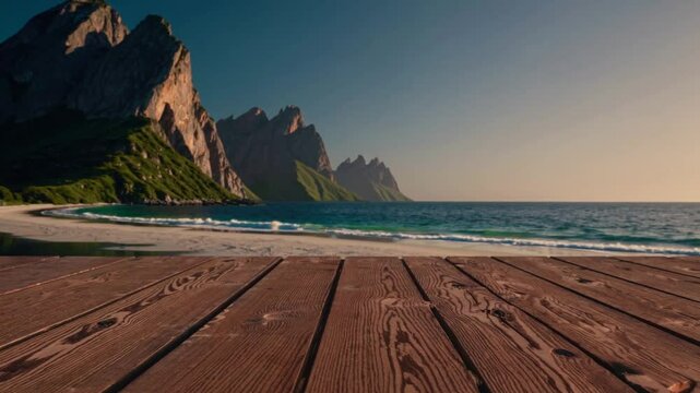 brown wooden table at the front with the beach and mountain as background for background or design using for product display montage