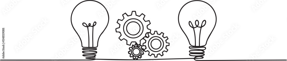 Poster continuous line drawing of two light bulbs connected by three interlocking gears on white background