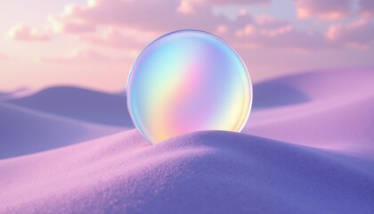 Floating iridescent bubble desert landscape digital art surreal environment close-up view dreamlike concept