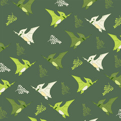 seamless green pattern of Pterodactyl dinosaur cute vector design for kids apparel fullprint fabric © Rizki