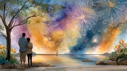 Romantic couple watching fireworks over lake at night for Valentines Day, New Year, 4th of July in watercolor