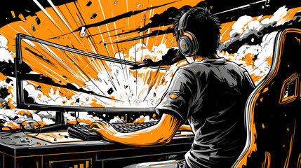 Gamer in explosive action scene, vibrant vector illustration with orange and black tones, streaming setup, gaming monitor explosion, digital adrenaline, modern esports vibe, immersive comic style
