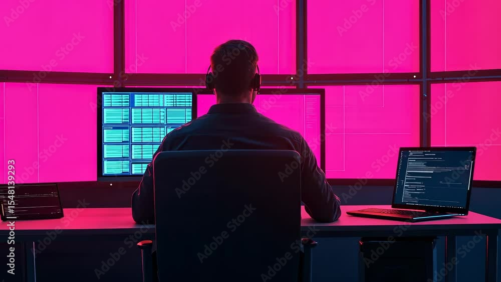Aufkleber with programmer headphones working at night in his office with big screens showing statistical data