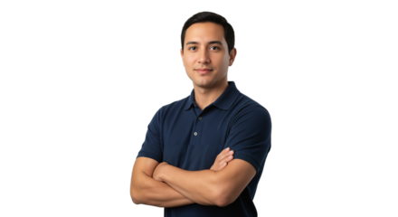 Confident young man with crossed arms wearing a navy shirt, standing against a transparent background, portrait of self-assured individual with positive expression, professional identity concept