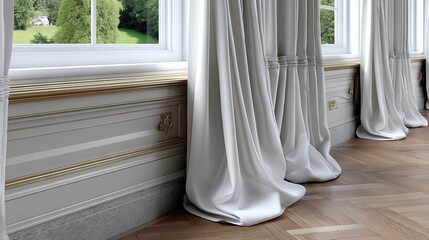 Sunlight streams through large windows, casting a gentle glow on the white curtains and rich wooden floor, creating a serene atmosphere