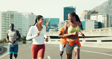 Fitness, friends and people running in city with workout, health or training for marathon. Sports,...