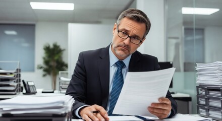 A focused businessman reads documents at his office desk with a thoughtful expression.