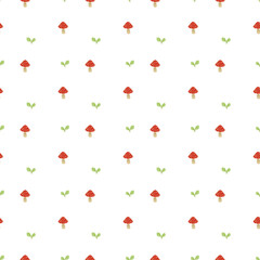 Mushrooms and leaves pattern on a white background. Simple seamless pattern with fly agaric mushrooms. Vector design for greeting card and invitation