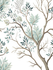 A delicate and airy seamless pattern featuring elegant tree branches adorned with various shades of green and teal leaves, all set against a pristine white background. 