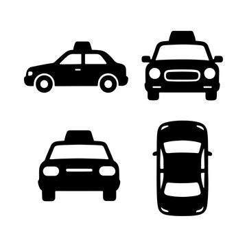 taxi silhouette icons set side, front, back, and top views vector art illustration