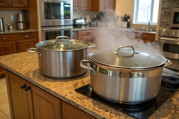 Two stainless steel pots steaming on a kitchen countertop, home cooking scene