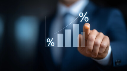 Businessman Analyzing Financial Growth with Bar Chart and Percentages