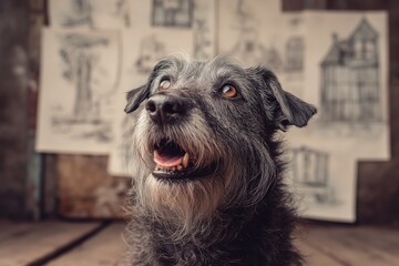 Happy black and gray dog with a joyful expression against artistic sketches background.
