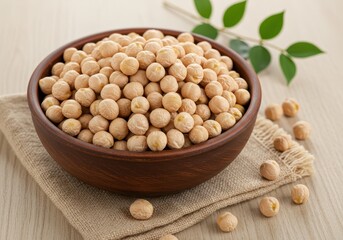 A brown bowl filled with dried chickpeas sits on a burlap napkin
