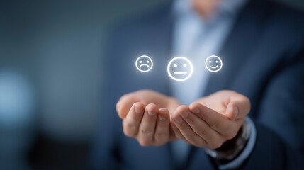 Digital Feedback Icons Held by Businessman for Customer Reviews