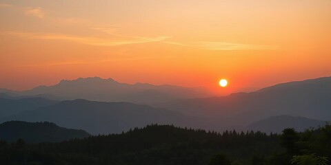 Orange sunset over majestic mountains, lush forest below,  vibrant,  shadow
