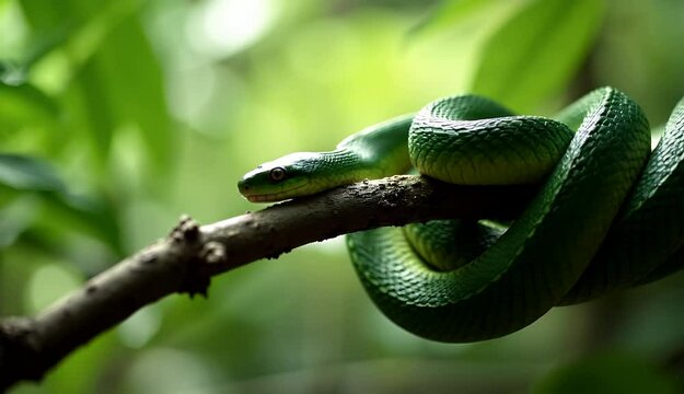 A vibrant green snake with detailed scales shown coiled on a branch in a dense forest wildlife setting.