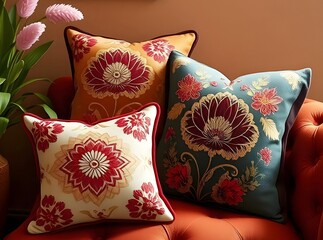 Embroidered throw pillows with intricate floral designs, a cozy and warm home decor touch.