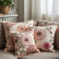 Embroidered throw pillows with intricate floral designs, a cozy and warm home decor touch.