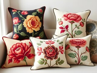 Embroidered throw pillows with intricate floral designs, a cozy and warm home decor touch.