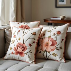 Embroidered throw pillows with intricate floral designs, a cozy and warm home decor touch.
