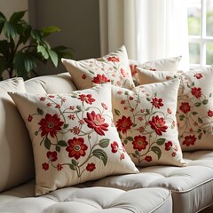 Embroidered throw pillows with intricate floral designs, a cozy and warm home decor touch.
