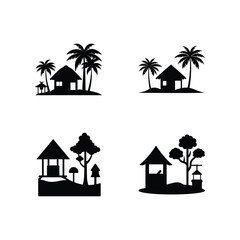Vector art of tropical huts and palm trees isolated on white background