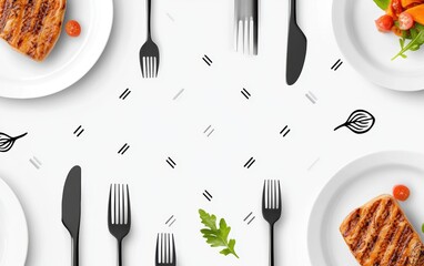 Stylish dining setup featuring grilled chicken, salad, and elegant cutlery on a minimalist table.