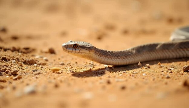 A low-angle view tracks a beige snake slithering through dry sand, its black spots moving in rhythmic grace.