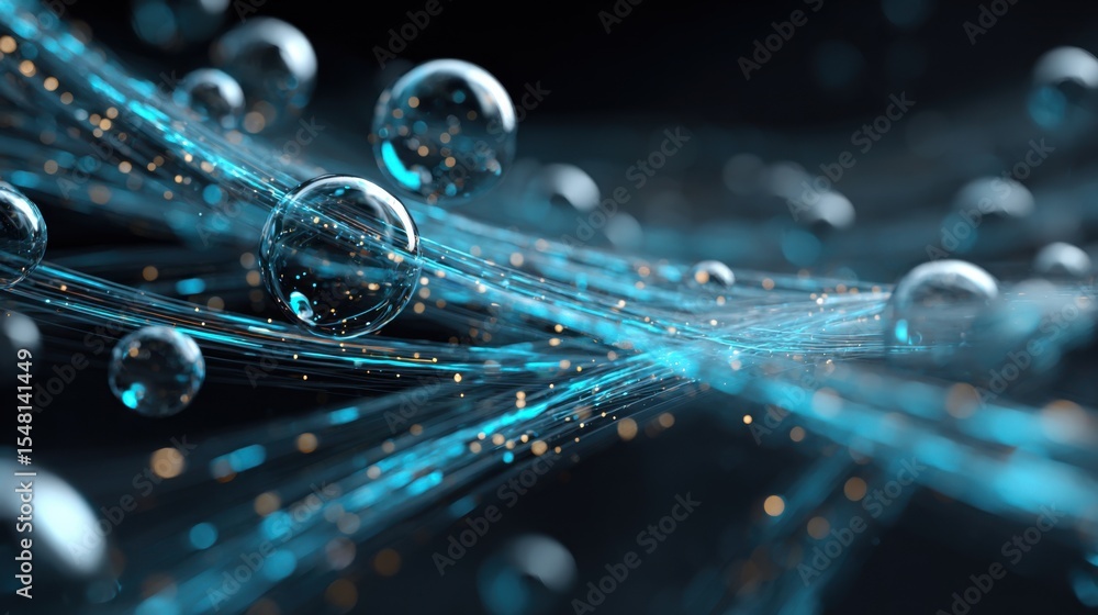 Poster glowing blue lines intertwine amidst floating bubbles, creating a captivating visual. the combinatio