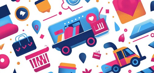 Colorful and vibrant digital illustrations of delivery trucks and shopping icons for creative projects.
