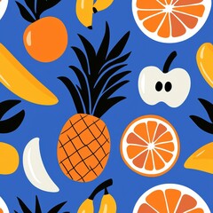 Colorful fruit pattern featuring banana, orange, pineapple, apple, and slices on a vibrant blue background.