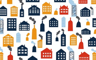 Colorful pattern of buildings and factories with smokestacks, perfect for urban design or industrial themes.